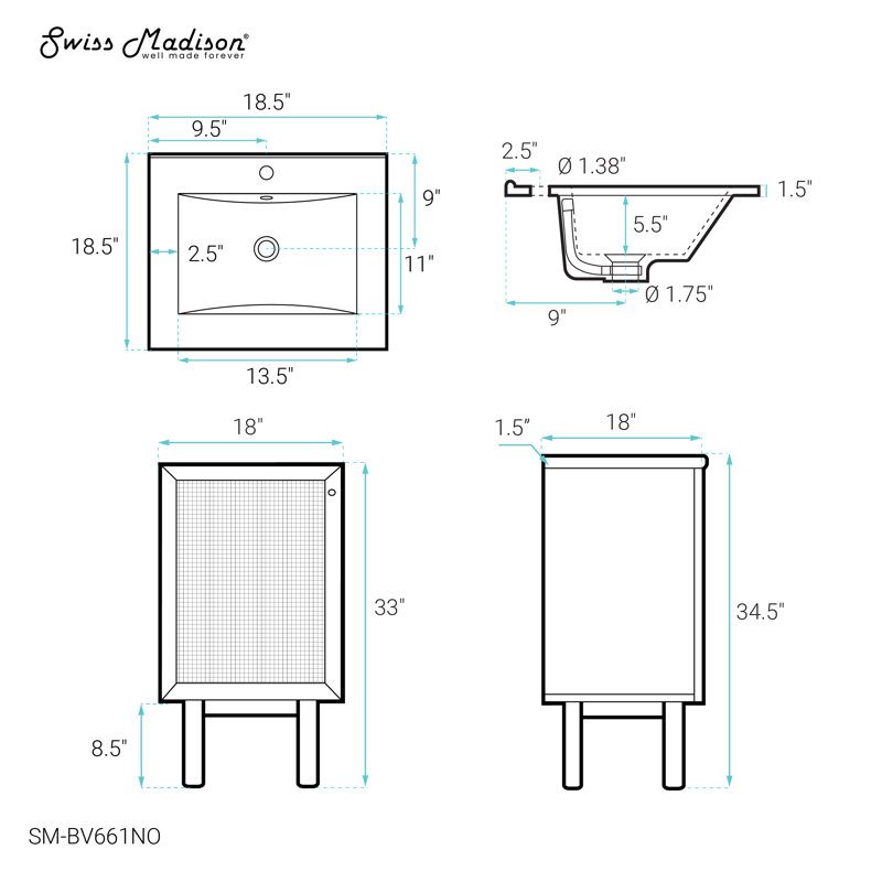 Meuble-lavabo de 18 po Classe, Blanc, Chêne naturel