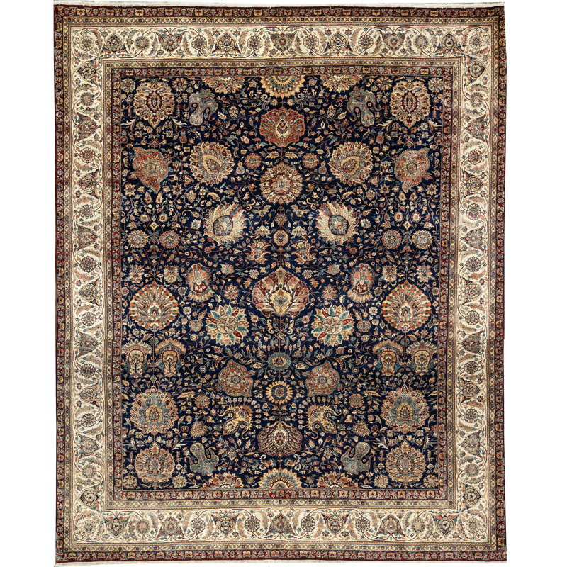 Tapis bleu et beige noué à la main de haute qualité