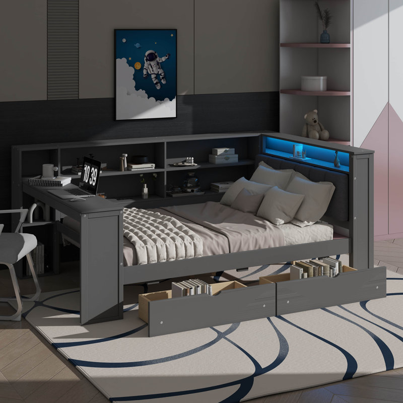 Wood Full Size Platform Bed With Storage Shelves, Drawers, Charging Station, LED, Desk And Upholstered Headboard, Gray