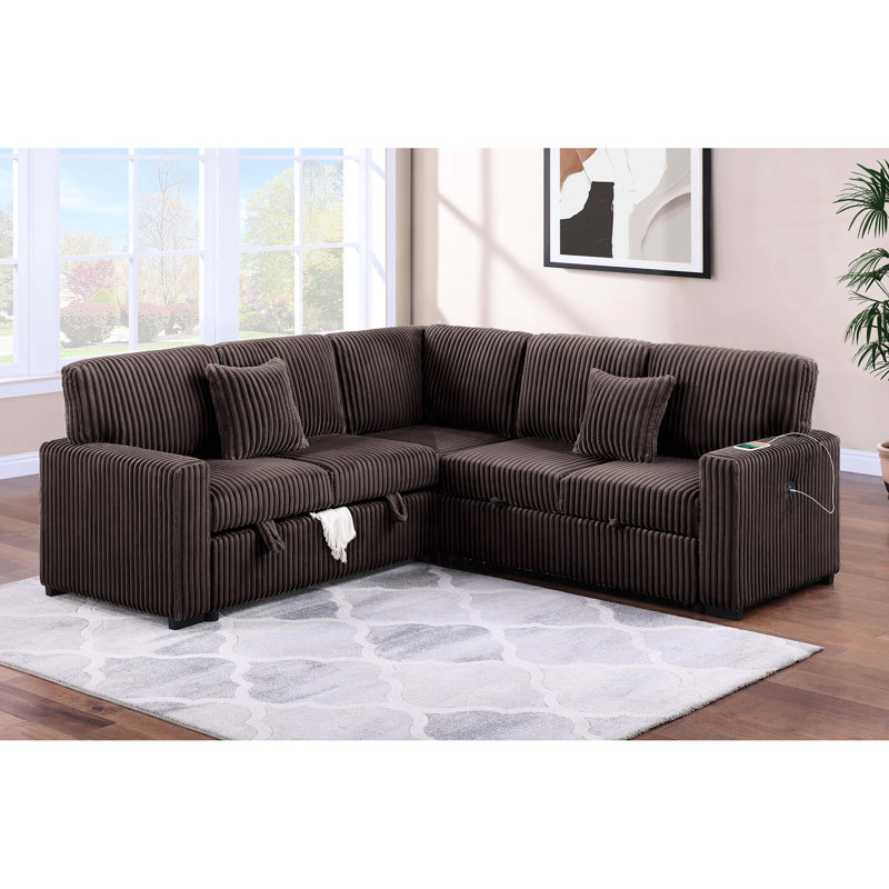 Contemporary 3 - Piece Convertible Sectional With Reversible Storage And Pull Out Bed, Port, Chocolate Finish, Spring Foam, For Primary Living Space Modern Style 3pc Fibres, Area