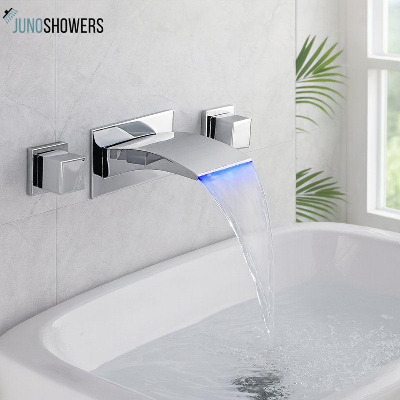Juno Chrome Wall-Mount Bathtub Faucet with Dual Handles – Modern Elegance for Your Bathroom