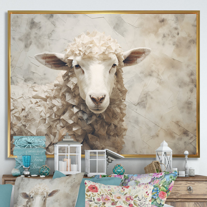 Cozy beige minimalisme mouton IV sur toile, Cadre flottant doré, H 34 po x l 44 po x P 1,5 po