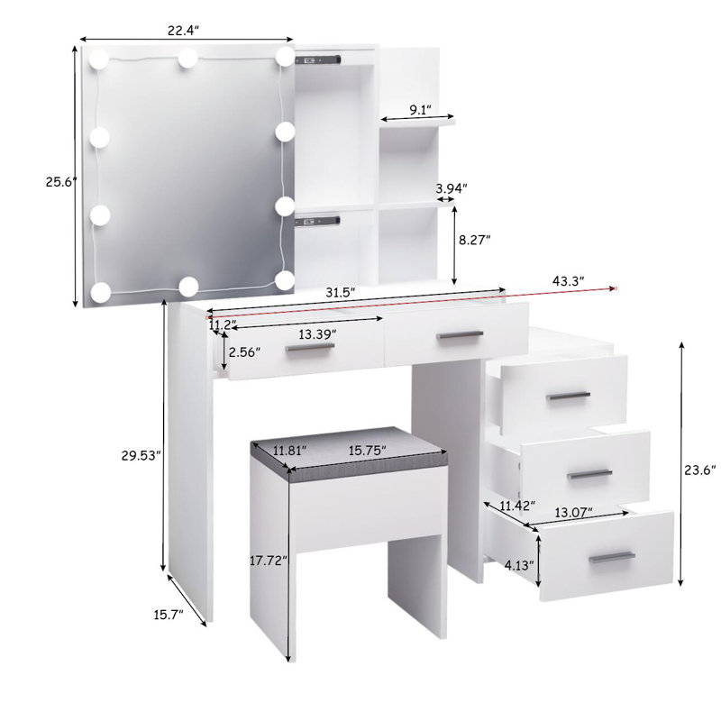 Calletano 44.3"Wide Makeup Vanity Set with Mirror Cabinet, Stool,5 Drawers, White