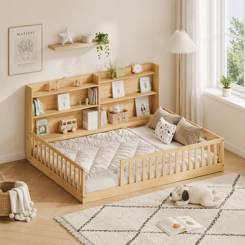 Structure de lit double avec bibliothèque, naturel