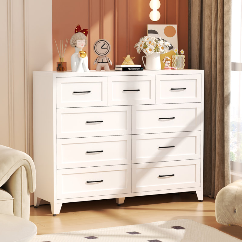 White 9-Drawer Metal Dresser, Modern Tall Storage Cabinet - 47.2"W x 39"H x 15.7"D, White