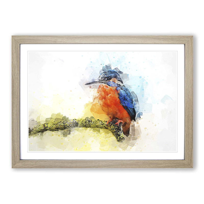 Kingfisher on a Branch in Abstract - Picture Frame Painting Print, Oak, 60cm H x 91cm W x 2cm D