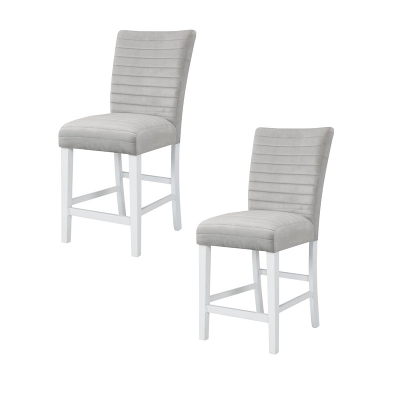Ensemble de deux chaises de bar à hauteur de comptoir en velours gris et blanc de 25 po et en bois massif
