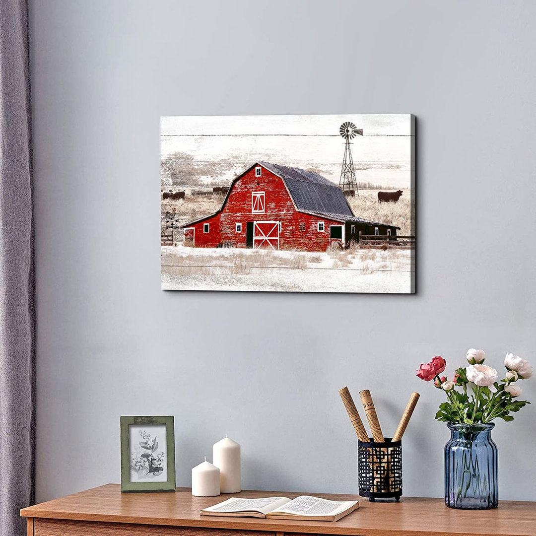 Farmhouse Barn Wall Art Rustic Windmill Wall Decor for Living Room Kitchen, Country Landscape Painting, Vintage Highland Cow Canvas Prints Rustic Old