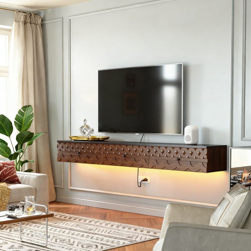 Meuble télé flottant avec tiroirs et armoire, console multimédia sculptée avec gestion des câbles pour le salon et la chambre à coucher