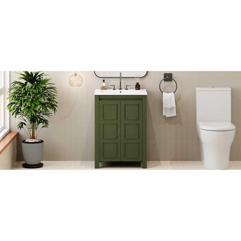 24" Bathroom Vanity With Ceramic Rectangular Sink, Solid Wood Frame, Side Panels, Soft-close Function Frame And