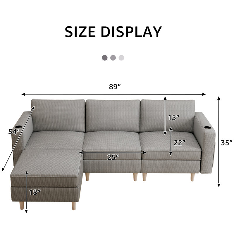 Canapé modulaire rembourré 4 pièces Sodus, Velours gris clair