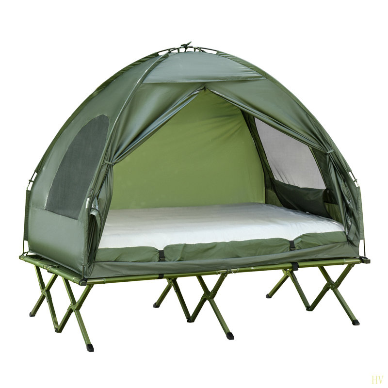 Lit de camp pliable pour 2 personnes avec tente, couvre-lit et matelas gonflable épais Outsunny