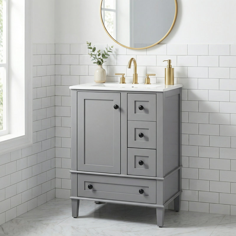 Meuble-lavabo gris de 24 po avec lavabo intégré en céramique et tablette de rangement à deux niveaux derrière le panneau de porte, gris
