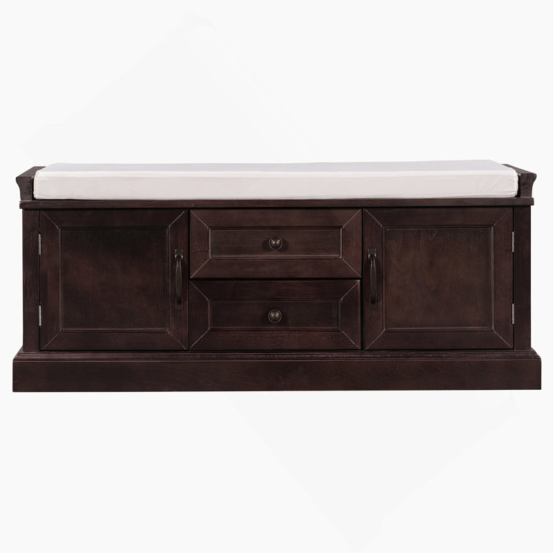 Banc de rangement avec 2 tiroirs et 2 armoires, banc à chaussures avec coussin amovible, banc d'entrée, Noir / Beige