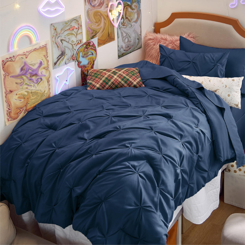 Bedsure Twin/Twin-XL Burgundy Pintuck Bed-in-a-Bag - Navy Pinch Pleat Comforter Set with Sheets, Pillowcases & Shams for Dorm Room(Set of 5)