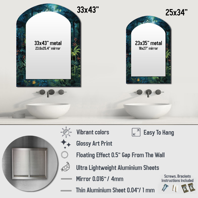 Jungle Expedition - Forest Asymmetrical Unique Wall Mirror, Traditional Arch Mirror, Printed Metal Art, 43" x 33"