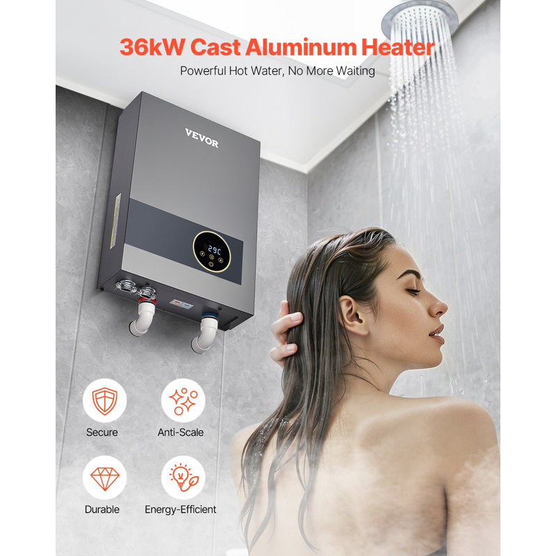 Chauffe-eau électrique sans réservoir, chauffe-eau instantané 36 kW sous l'évier, sur demande pour la salle de bain, la cuisine, le bureau avec écran tactile ACL, verrou de sécurité pour enfant, peu encombrant, 240 V