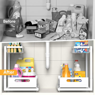 Ensemble de 2 tiroirs sous le lavabo à 2 niveaux - Tiroirs coulissants en métal de qualité supérieure, réglables en hauteur, robustes pour la cuisine et la salle de bain, blanc