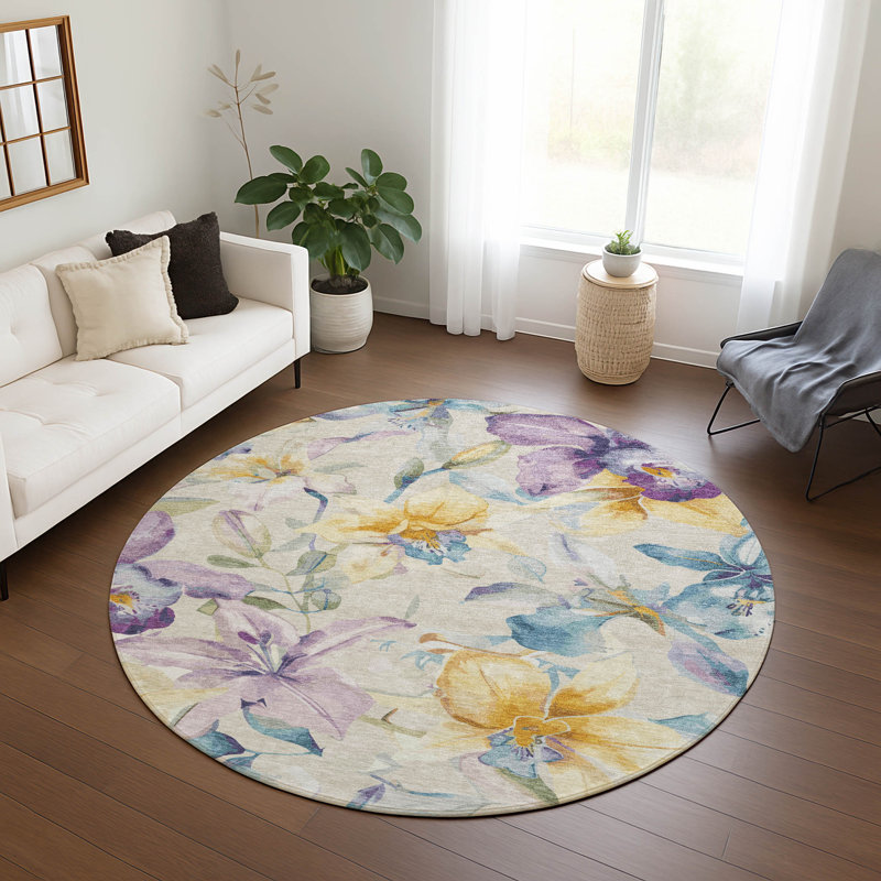 Machine Washable Indoor/Outdoor Millner ACN2262 Floral Rug, Round 8'