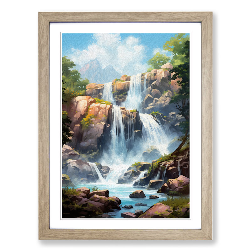 Waterfall Tachisme Art - Framed Print, 46cm H x 34cm W, Oak Framed