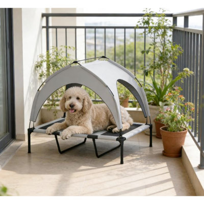 Raised Dog Bed With Protective Canopy - 41.7" L X 29.9" W, Suitable For Large Dogs Weighing Less Than 66 Lbs, Gray, Breathable Mesh, Fabric, And Easy Assembly Elevated Ideal Under Mesh Cooling,