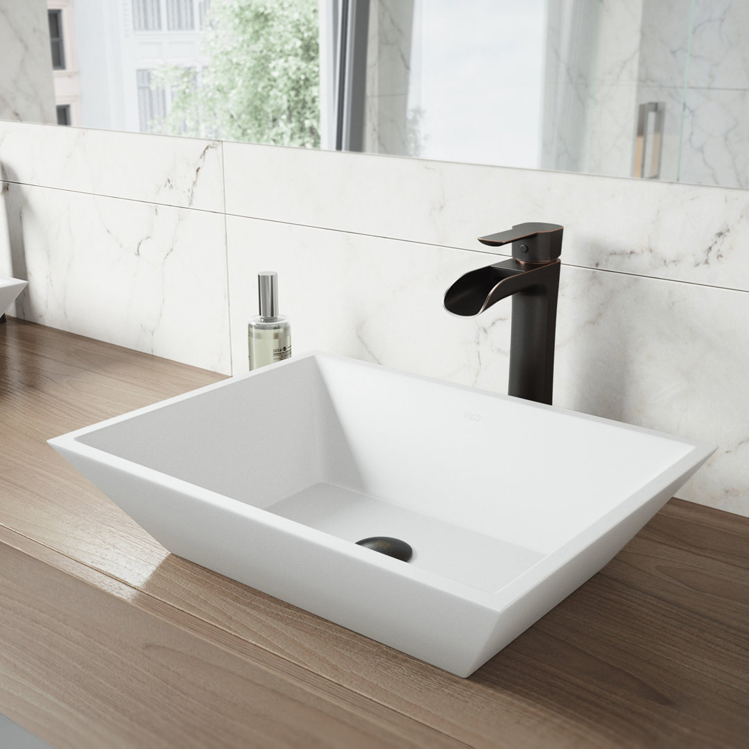 Vinca 18" L x 14" W x 5" H Rectangular White Matte Stone Vessel Bathroom Sink with 11" H Faucet VIGO