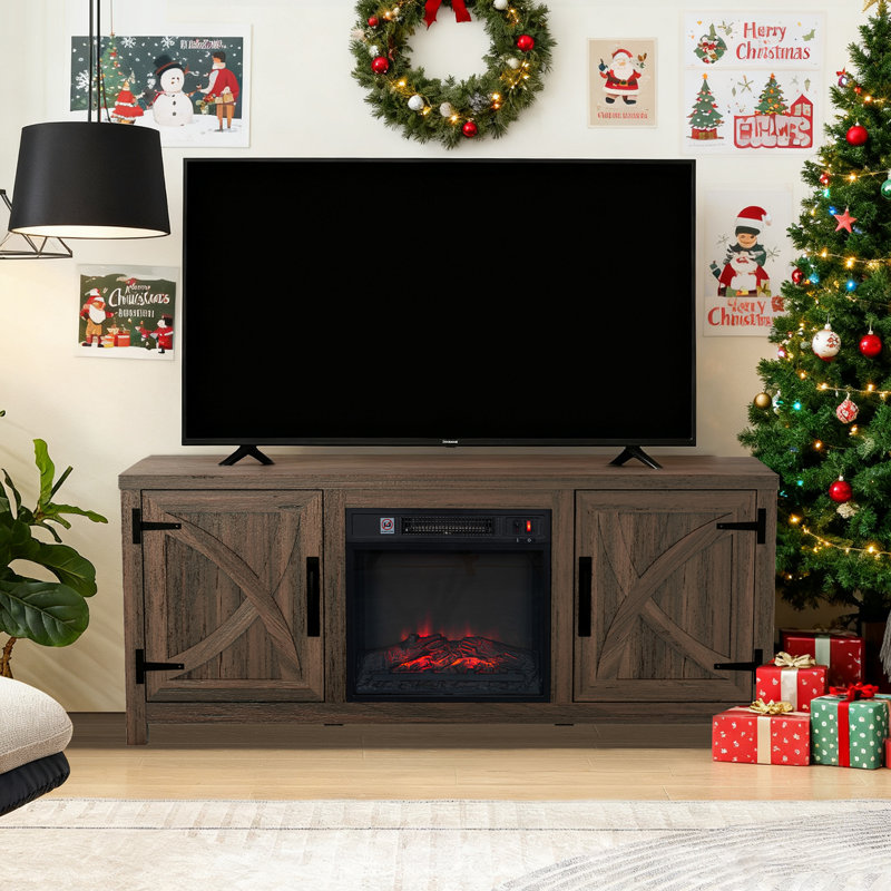 Kristanne 58" W TV Stand with Electric Fireplace and Cabinet/Enclosed storage, Brown