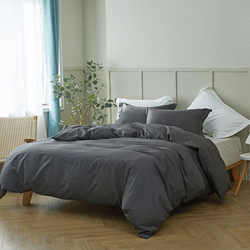Linen Duvet Cover Set, Queen Duvet Cover + 2 Standard Pillowcases, Dark Gray