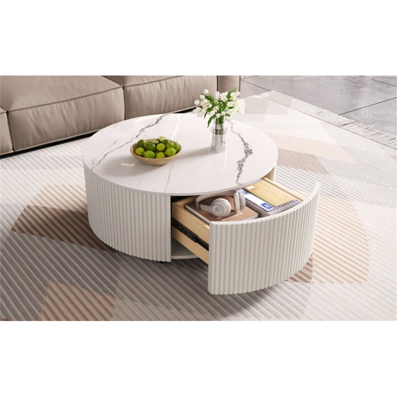 Table basse ronde moderne mobile avec roulettes, 2 tiroirs, plateau en pierre frittée motif marbre, blanc