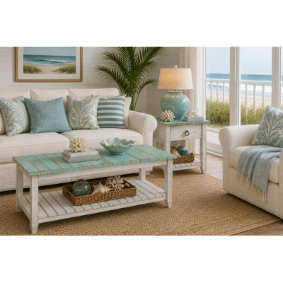 Decastro Solid Wood Coffee Table with Storage - Distressed White Wash Coastal