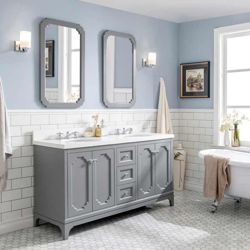 Grand meuble-lavabo de comptoir en marbre d'ingénierie avec miroir Carrara, Gris cachemire, L 60 po