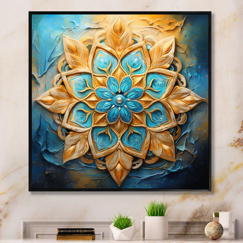 «Divine Mandala», reproduction sur toile encadrée dorée et turquoise rétro, H 24 po x l 24 po x P 1 po, Cadre flottant noir