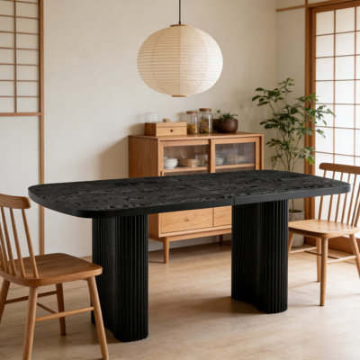 78.7" X 39.3" Black MDF Dining Table With Fluted Roman Column Pedestals, Modern Kitchen Table For 6-8 People