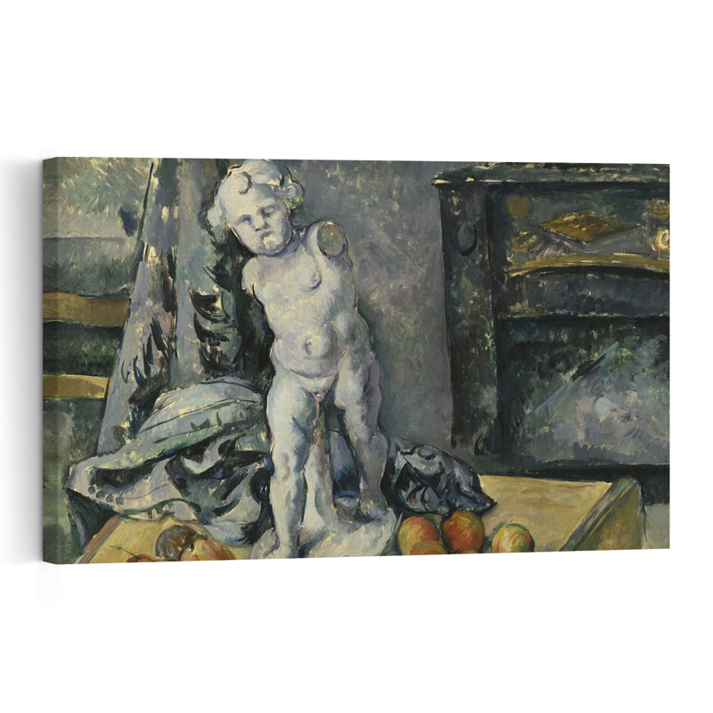 Nature morte au Cupidon en plâtre, estampe d'art mural contemporaine abstraite impressionniste des années 1890 représentant des fruits