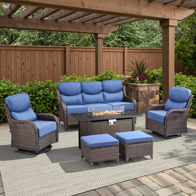 Ensemble de conversation pour canapé en osier 6 pièces avec chaises berçantes et foyer d'extérieur, Bleu, Brun