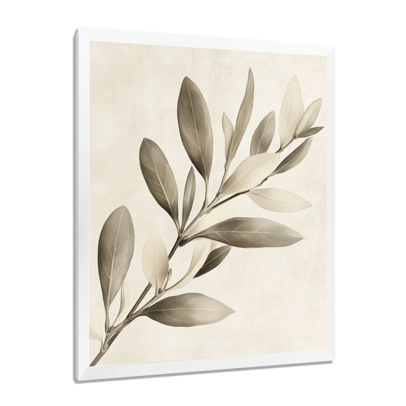 Branche d'olivier en eucalyptus doux vert ivoire III - Tableau encadré, H 32 po x l 24 po, White Picture Framed