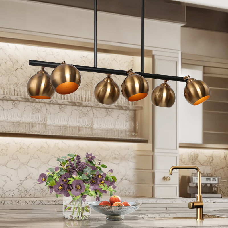 Luminaire suspendu linéaire noir / laiton à 6 lumières pour îlot de cuisine Christobal