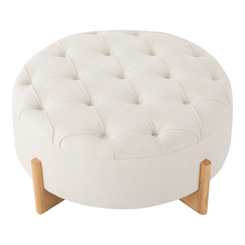 32" Round Tufted Ottoman with Solid Wood Legs, Beige
