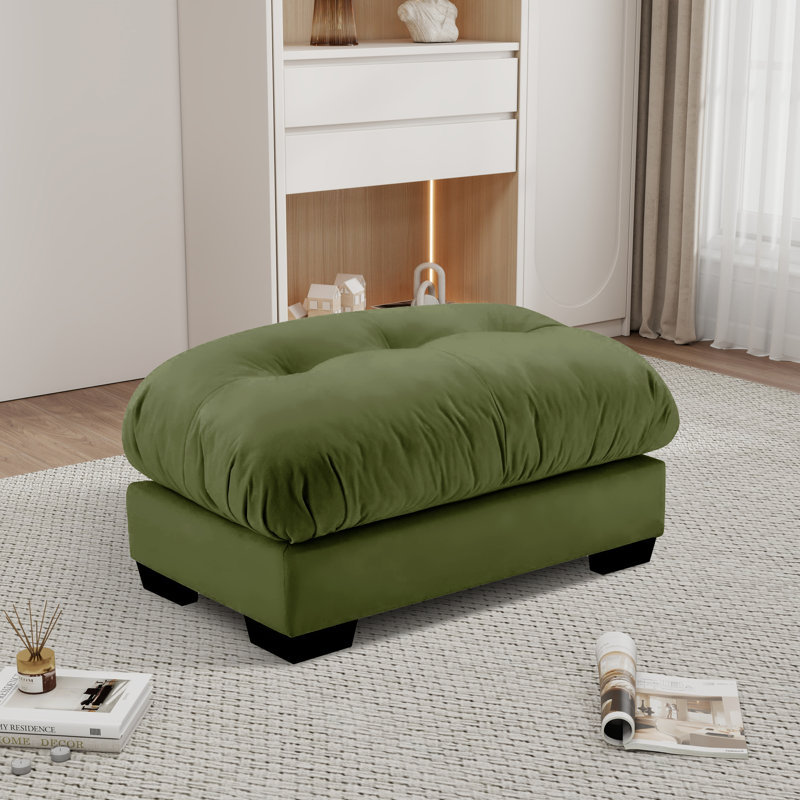 Down Filled Overstuffed Performance Velvet Ottoman, Olive Green