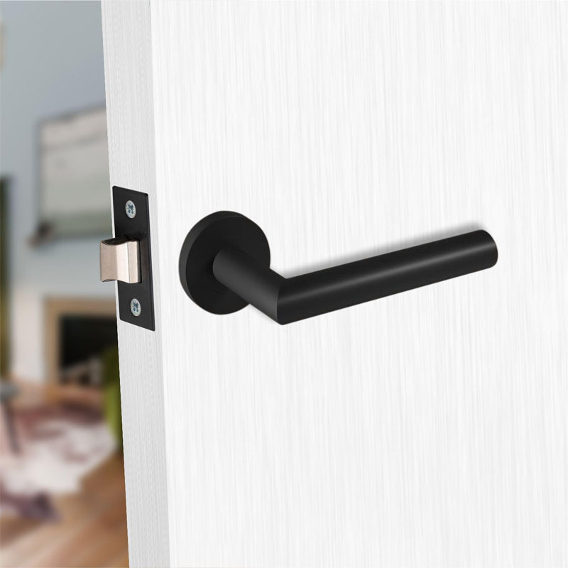  Mitred Design Key Lock Door Handles Set on Round Rose in Matt Black Finish with 64mm 3 Lever Mortise Lock and Key Hole