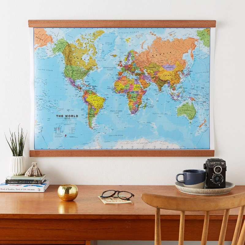 Large World Wall Map Political - Single Picture Frame Print on Canvas, 62cm H x 86cm W x 0.5cm D, Brown Framed
