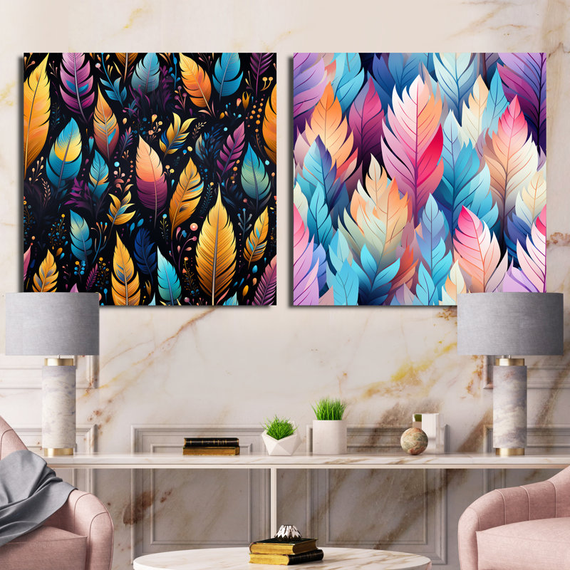 Tribal Dreamscape Feather Boho Motif III - Botanicals abstraits ensemble de collage carré, H 30 po x l 61 po, Toile tendue
