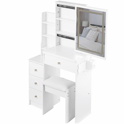 Small Size Left Bedside Cabinet Vanity Table + Cushioned Stool, 2 AC+2 USB Power Station, Hair Dryer Bracket, Extra Large Touch Control Sliding LED Mirror, Tri-Color Switching, Brightness Adjust