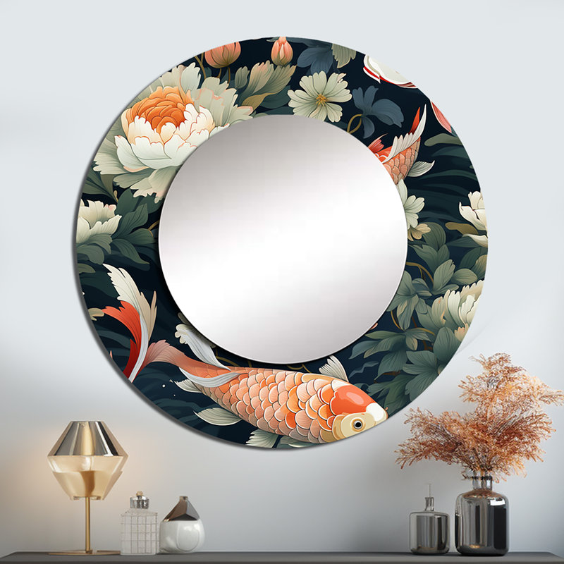 Koi Fish Harmony Watercolor Wonders - Japanese  Large Wall Mirror, Oriental Round Decorative Mirror, Printed Metal Art