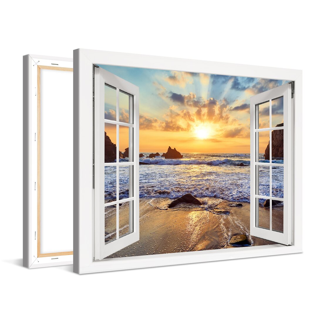 Leinwandbild Sunset Over Rocky Beach Window Xcm – Premium Leinwanddruck – Kunstdruck Auf Cm Holz-Keilrahmen Für Schlaf- ...