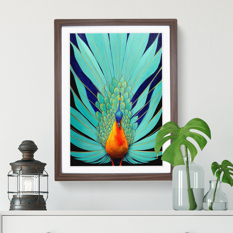 Proud Peacock - Wall Art, 34cm H x 25cm W, Walnut Framed