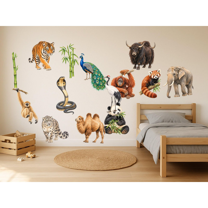 Asian Animal Wall Decals, Set of 14 Educational Peel and Stick Wall Stickers, Classroom Playroom Decor, Kids Learning Wall Art, 20"W x 20"H (50 x 50 cm)