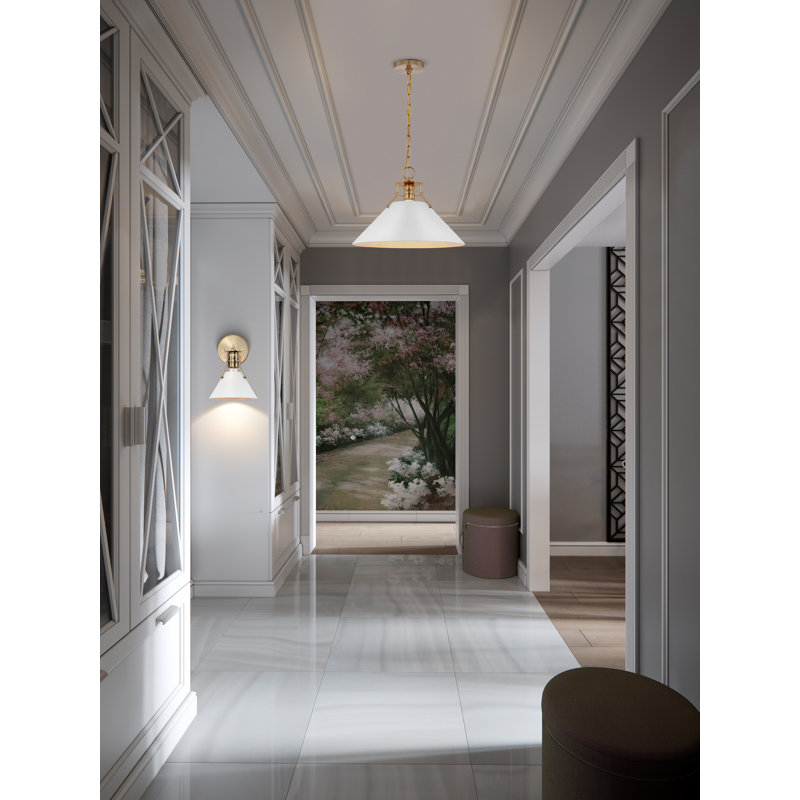 Rodarte 1-Light Dimmable Cone Pendant, 11.6" H x 16.5" W x 16" D, Matte White/Burnished Brass