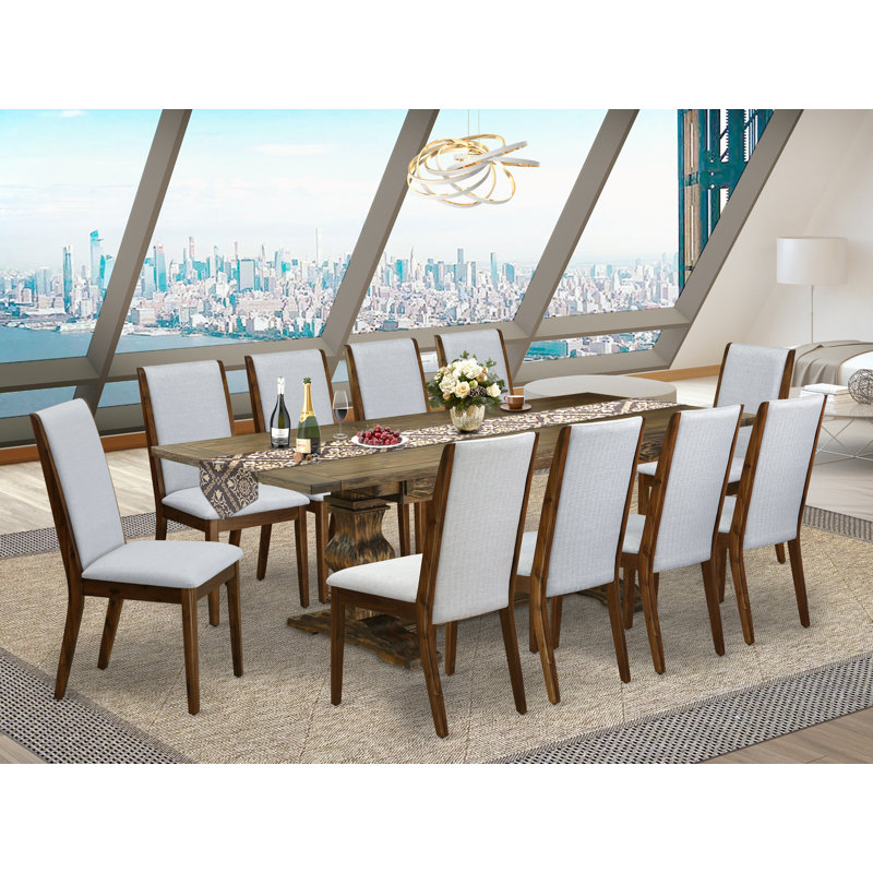 11 Piece Dining Table Set Includes a Rectangle Dining Room Table with Removable Leaf and 10 Grey Linen Fabric Upholstered Chairs, Distressed Jacobean