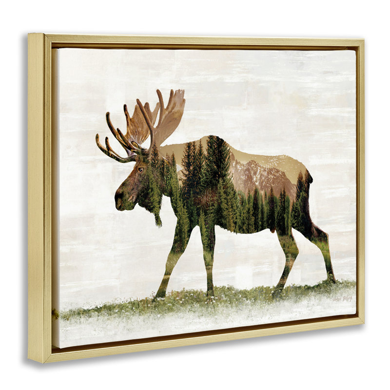 "Forest Forest Moose", art mural encadré par Amber Sterling, Cadre flottant métallique doré, H 25 po x l 31 po